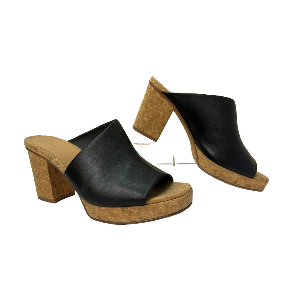 Vince. Wyatt Slide Sandal Cork Platform & Block Heel Black Leather Upper SZ‎ 9.5